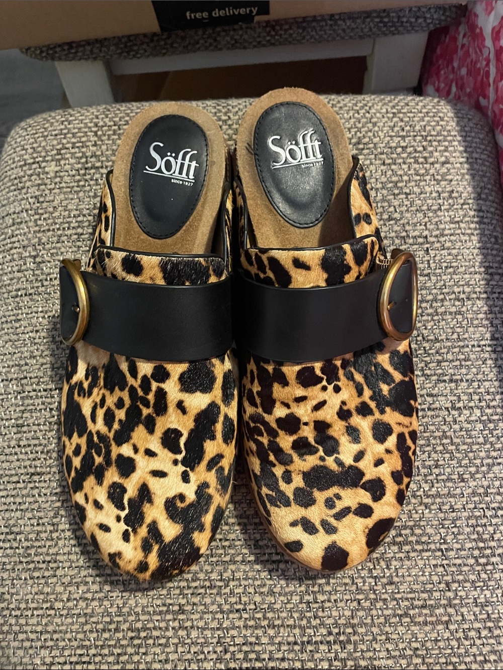 Söff Leopard Print Slip-On Mules with Black Strap and Gold Buckle